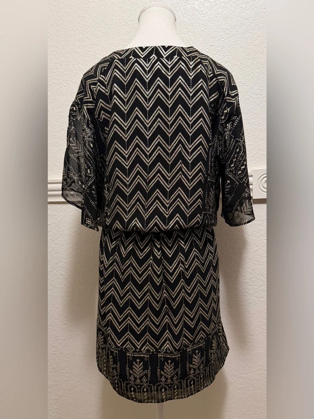 Free People Love My Chaos Mini Dress | Black Boho Chevron Print Flutter Sleeve